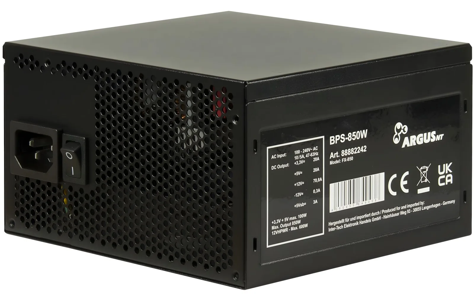 Inter-Tech Netzteil 850W ArgusNT BPS-850 Bronze ATX 3.0 Std. - PC-/Server Netzteil - 180 min, Ansicht 3