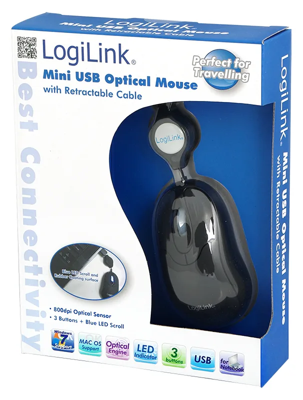 LogiLink Mini with retractable cable - Maus - rechts- und linkshändig, Ansicht 2