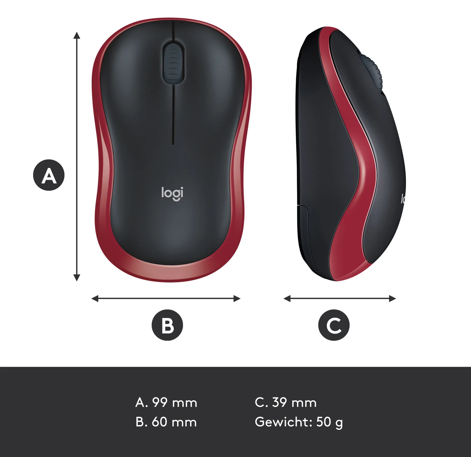 Logitech M185 - Maus - optisch - kabellos - 2.4 GHz - kabelloser Empfänger (USB) - rot, Ansicht 4
