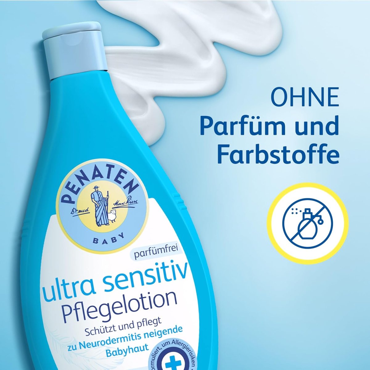 Ultra Sensitiv Pflegelotion parfümfrei 400ml, ohne Farbstoffe formulierte Baby Bodylotion für die Pflege zu Neurodermitis neigender Babyhaut, Körperlotion speziell für Neugeborene entwickelt — Bild 3