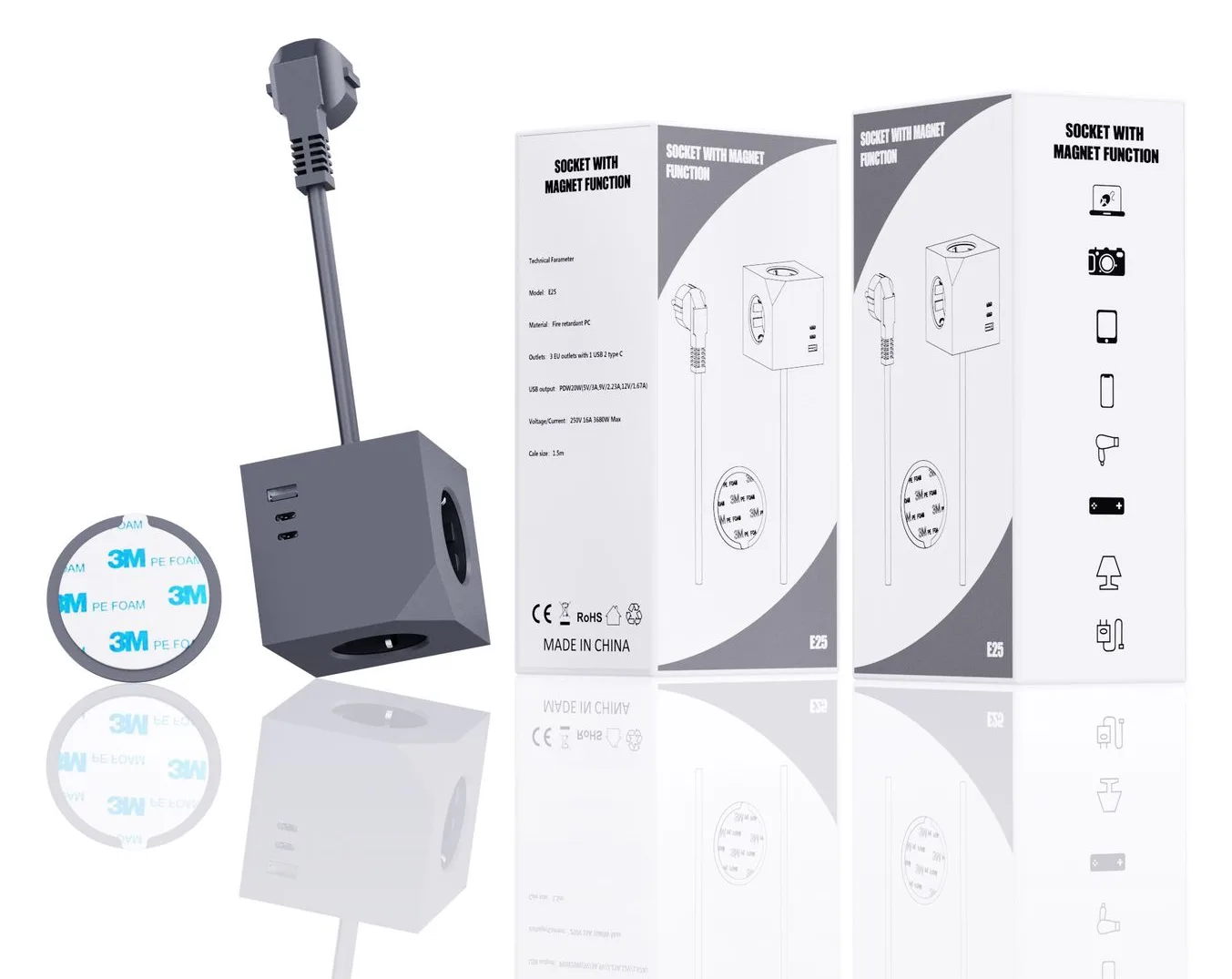MicroConnect Power Cube 3 Schuko outlets with Magnetic function 2 - Zubehör Stromversorgung, Ansicht 2