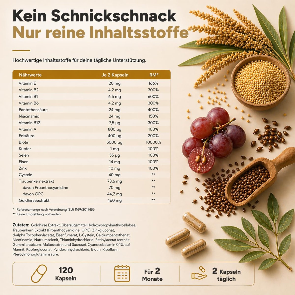 Haar Vitamine Haarausfall - 120 Kapseln I Hochdosiert mit Biotin, Zink, Selen, OPC, Hirse-Extrakt (reich an Silizium und Kieselerde) ohne chemische Haarwuchsmittel I Haarvitamine für Haar- & Bartwuchs — Bild 5