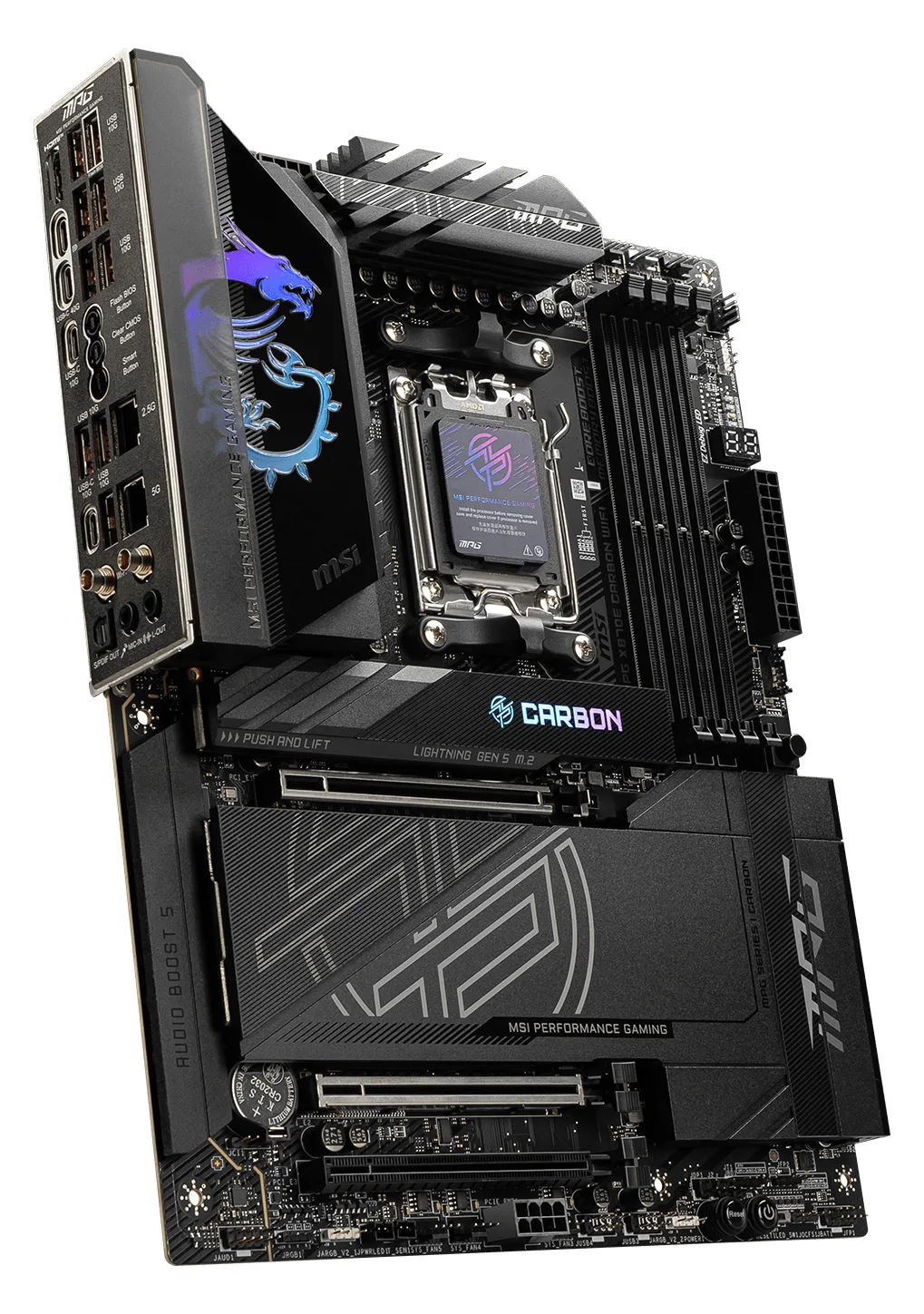 MSI MPG X870E CARBON WIFI - Motherboard - ATX - Socket AM5 - AMD X870E Chipsatz - USB 3.2 Gen 2, USB4, USB-C 3.2 Gen 2x2, Ansicht 2
