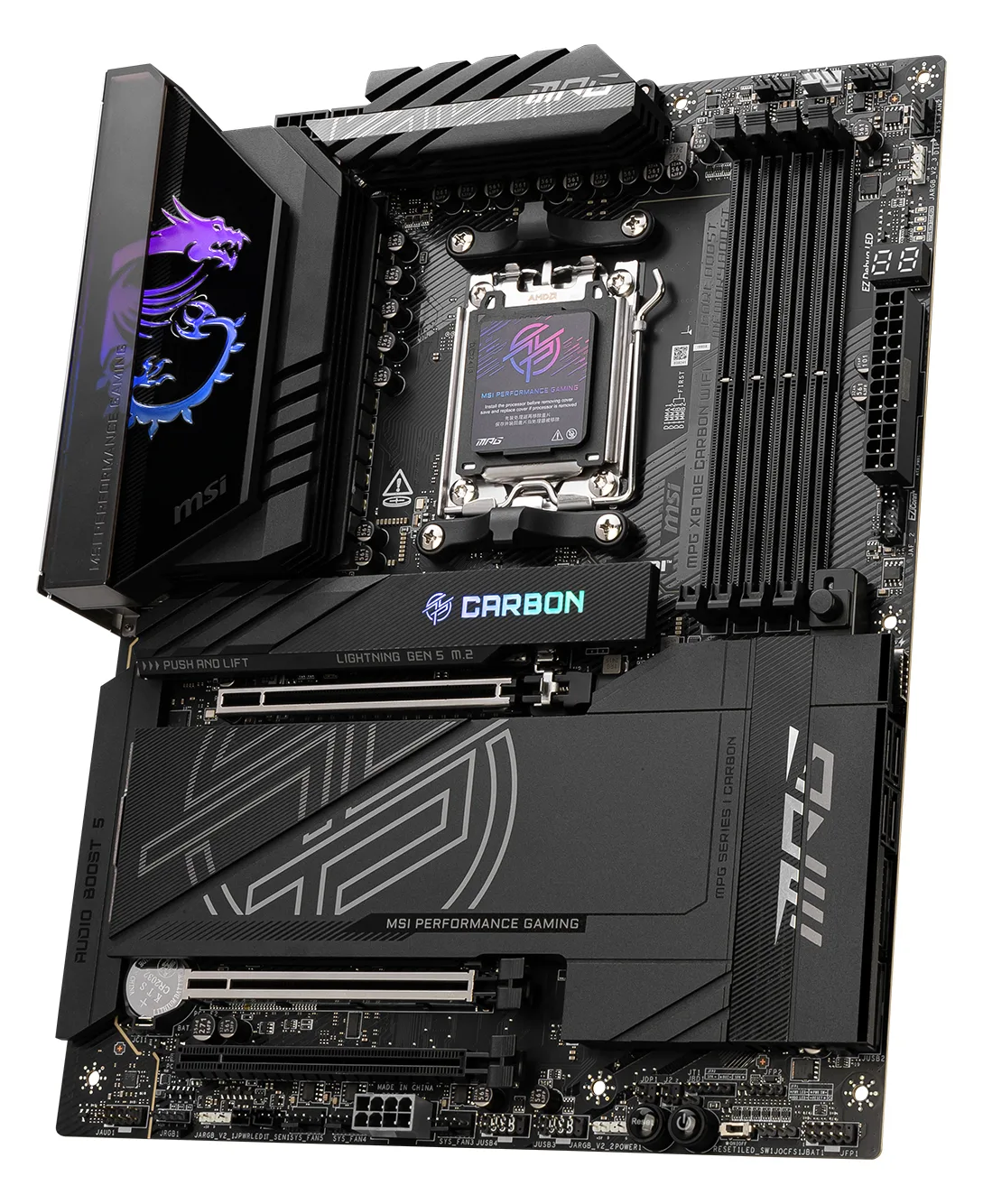 MSI MPG X870E CARBON WIFI - Motherboard - ATX - Socket AM5 - AMD X870E Chipsatz - USB 3.2 Gen 2, USB4, USB-C 3.2 Gen 2x2, Ansicht 3