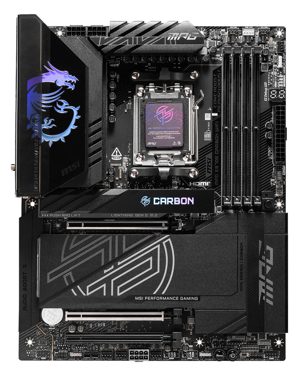 MSI MPG X870E CARBON WIFI - Motherboard - ATX - Socket AM5 - AMD X870E Chipsatz - USB 3.2 Gen 2, USB4, USB-C 3.2 Gen 2x2, Ansicht 4