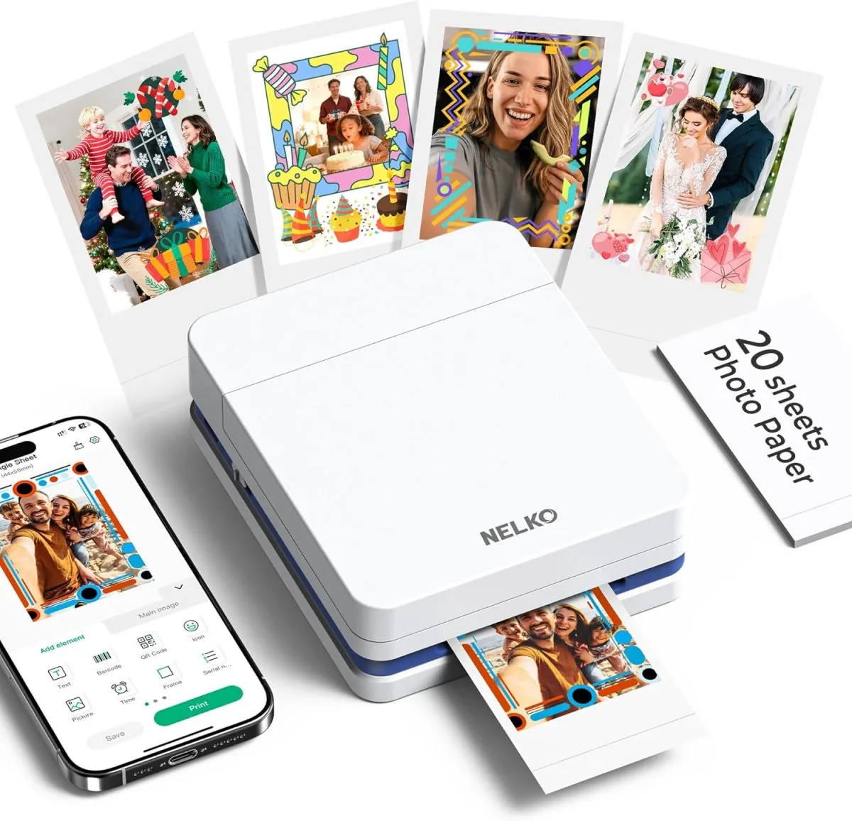 Nelko Fotodrucker PP01 Farbe Tragbarer Mini Fotodrucker für Smartphone mit 20 Fotopapier, Tintenstrahl Aufkleber Drucker, Sticky Back Fotos für iOS & Android, Spaß Bearbeiten App, Weiß
