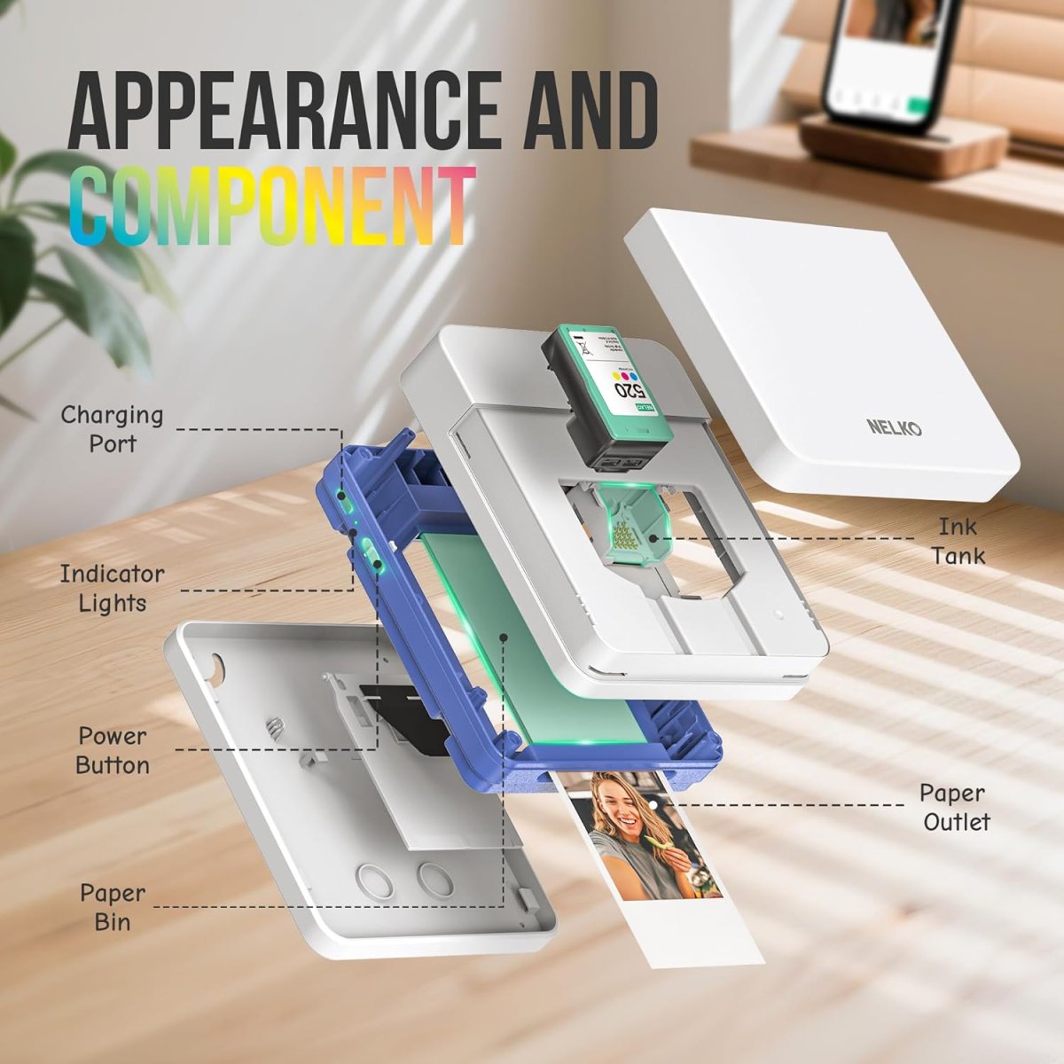 Nelko Fotodrucker PP01 Farbe Tragbarer Mini Fotodrucker für Smartphone mit 20 Fotopapier, Tintenstrahl Aufkleber Drucker, Sticky Back Fotos für iOS & Android, Spaß Bearbeiten App, Weiß — Bild 3