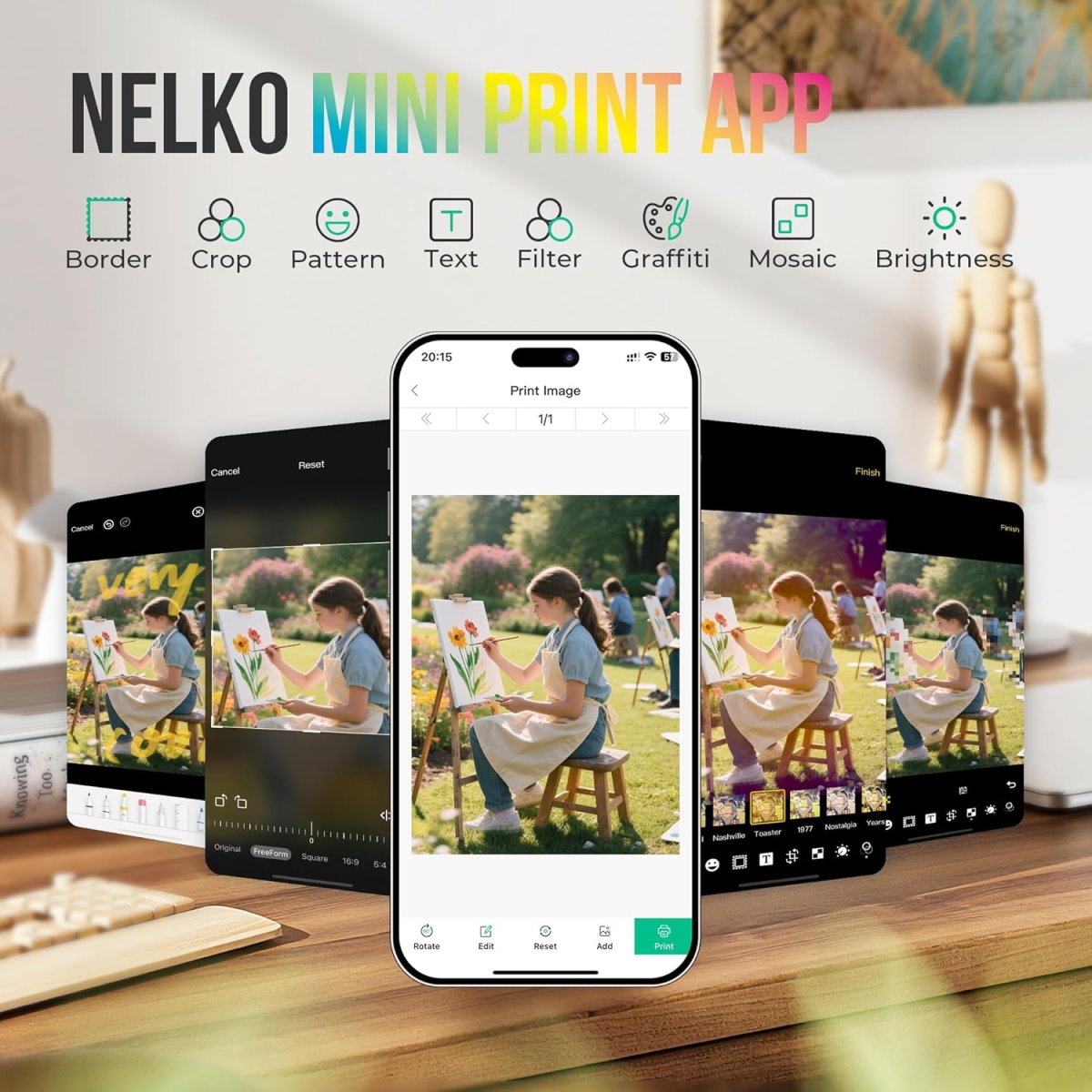 Nelko Fotodrucker PP01 Farbe Tragbarer Mini Fotodrucker für Smartphone mit 20 Fotopapier, Tintenstrahl Aufkleber Drucker, Sticky Back Fotos für iOS & Android, Spaß Bearbeiten App, Weiß — Bild 4