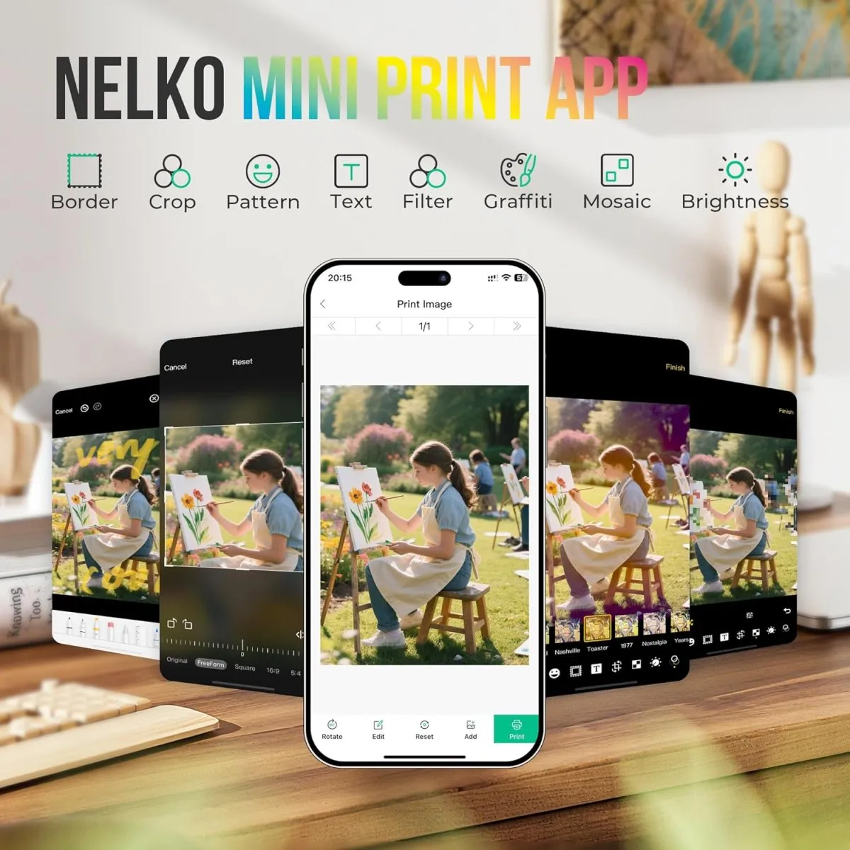 Nelko Fotodrucker PP01 Farbe Tragbarer Mini Fotodrucker für Smartphone mit 20 Fotopapier, Tintenstrahl Aufkleber Drucker, Sticky Back Fotos für iOS & Android, Spaß Bearbeiten App, Weiß — Bild 4