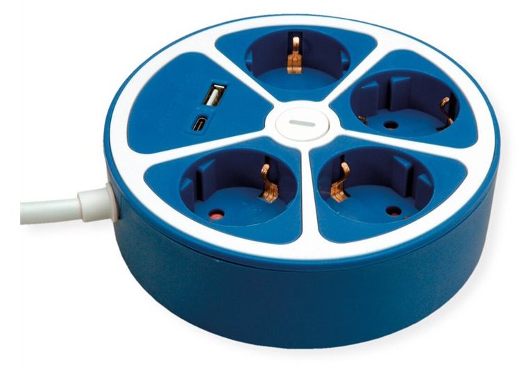 ROLINE Tischsteckdosenleiste 4x+Sw. USB-A+C CEE7/7 Blau 1.5m - Steckdosenleiste