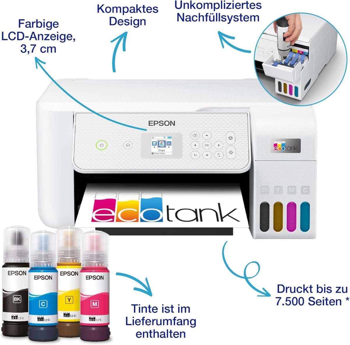 Epson EcoTank ET-2876 Tintentankdrucker | für vielbeschäftigte Haushalte | WLAN | A4 | Drucken, Kopieren, Scannen | 3.7 cm LCD-Bildschirm | inkl. Tinte für bis zu 3 Jahre — Bild 4
