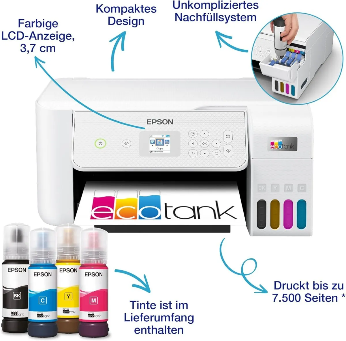Epson EcoTank ET-2876 Tintentankdrucker | für vielbeschäftigte Haushalte | WLAN | A4 | Drucken, Kopieren, Scannen | 3.7 cm LCD-Bildschirm | inkl. Tinte für bis zu 3 Jahre — Bild 4
