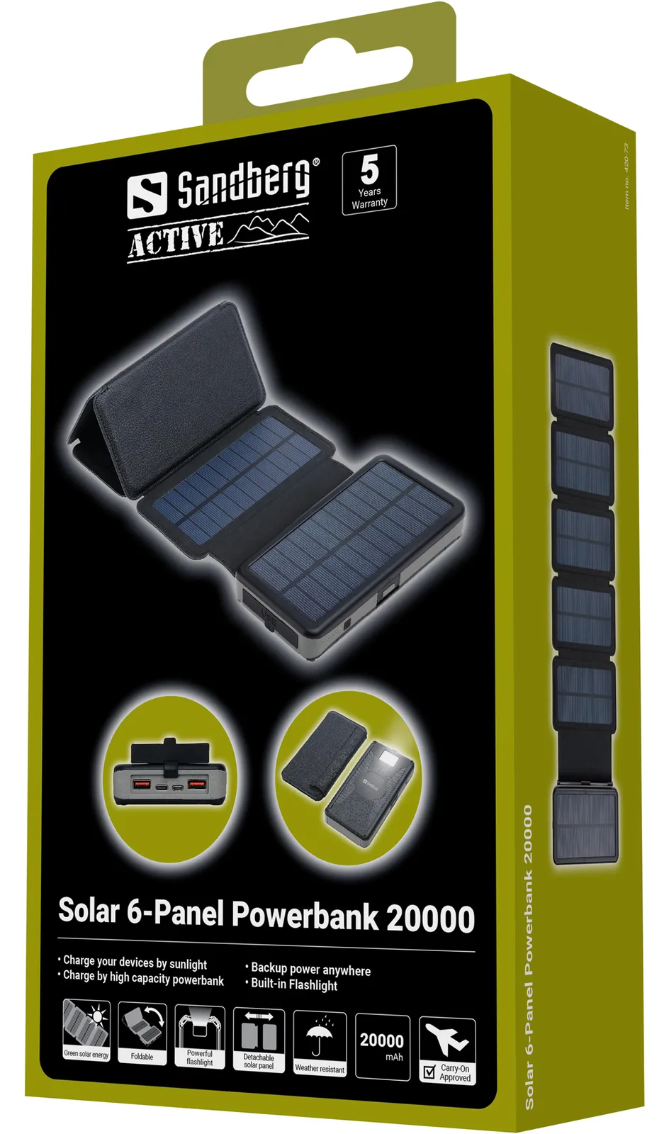 SANDBERG Active 6-Panel - Solar-Powerbank - Li-Pol - 20000 mAh - 74 Wh - 3 A - PD - 3 Ausgabeanschlussstellen, Ansicht 2