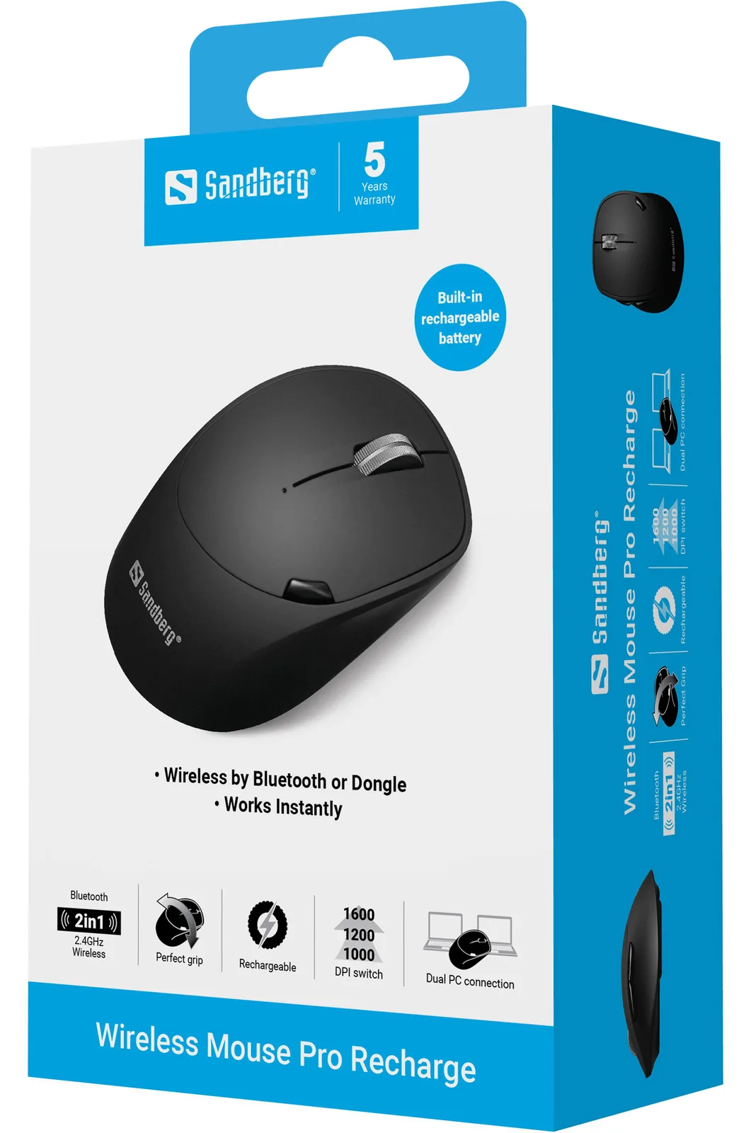 SANDBERG Pro - Maus - optisch - 6 Tasten - kabellos - 2.4 GHz, Bluetooth 4.0, Bluetooth 5.0 - kabelloser Empfänger (USB), Ansicht 2