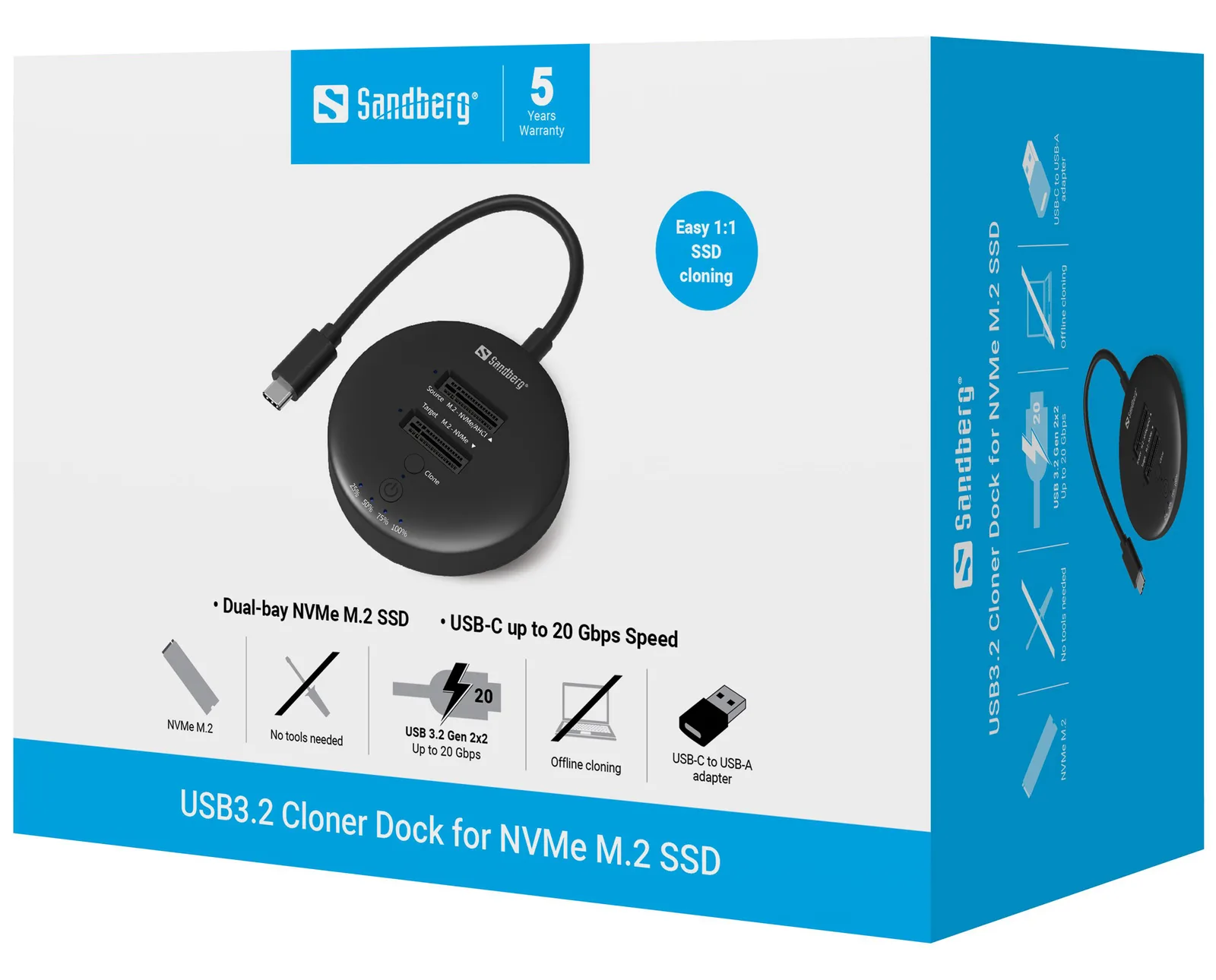 SANDBERG SSD-Dockingstation Schächte: 2 - M.2 - M.2 NVMe Card - USB-C 3.2 (Gen 2), Ansicht 2