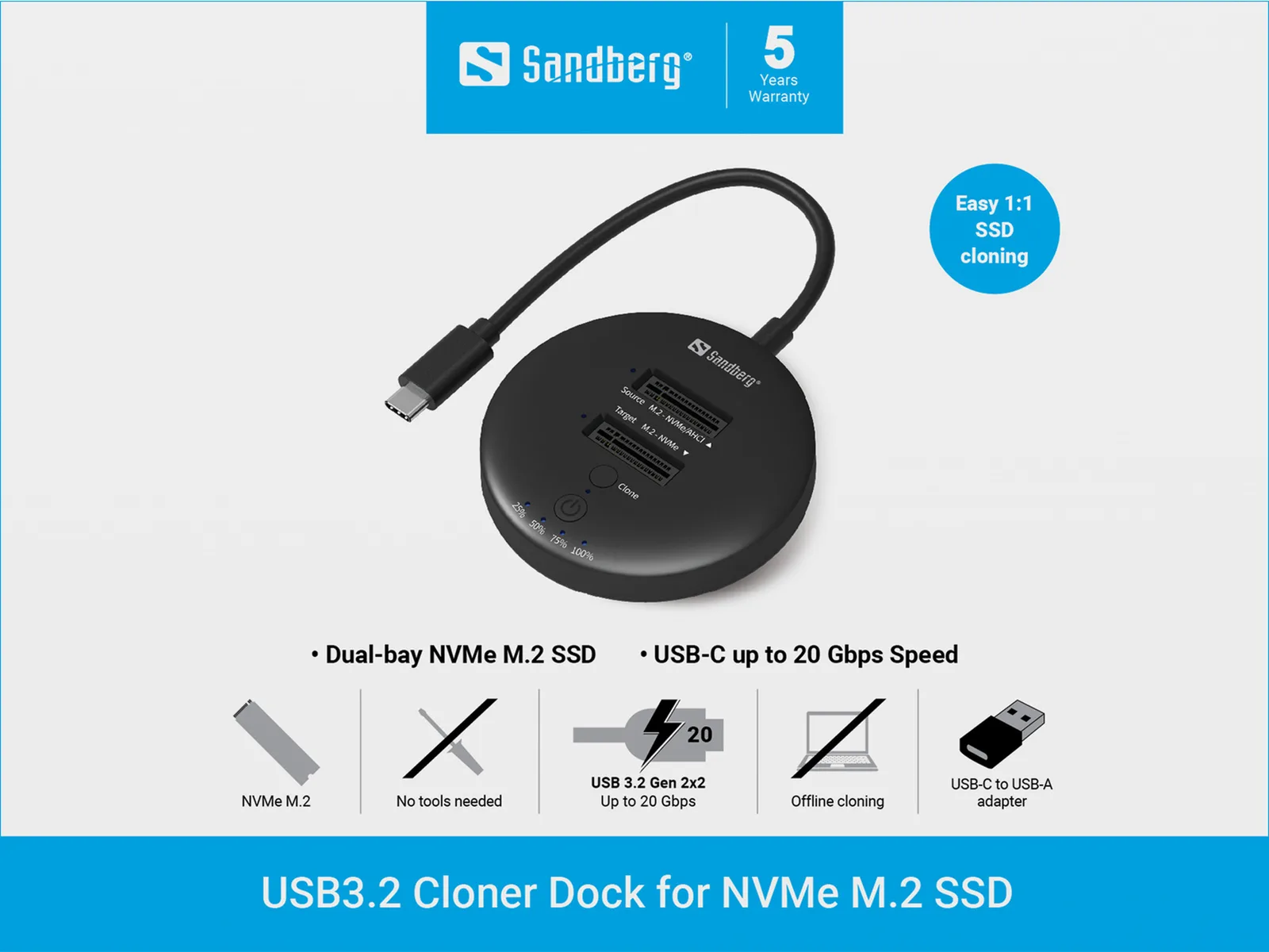 SANDBERG SSD-Dockingstation Schächte: 2 - M.2 - M.2 NVMe Card - USB-C 3.2 (Gen 2), Ansicht 4