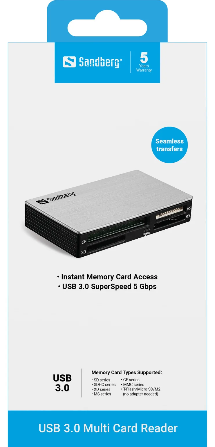 SANDBERG USB 3.0 Multi Card Reader - Kartenleser (MS, MMC, SD, xD, CF, TransFlash, microSD, SDHC, MS Micro), Ansicht 3