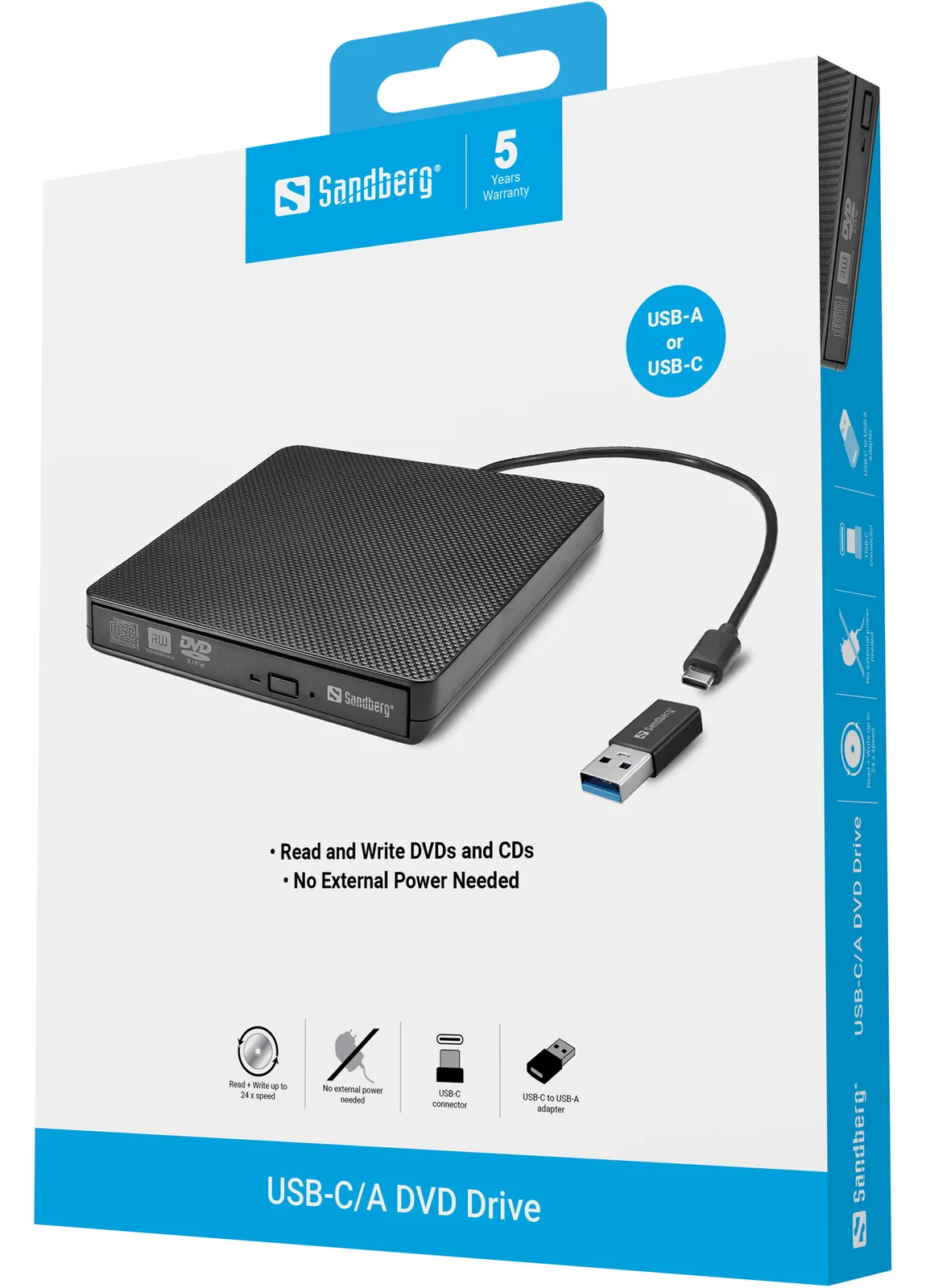 SANDBERG USB-C/A DVD Drive - DVD/CD-Laufwerk, Ansicht 2