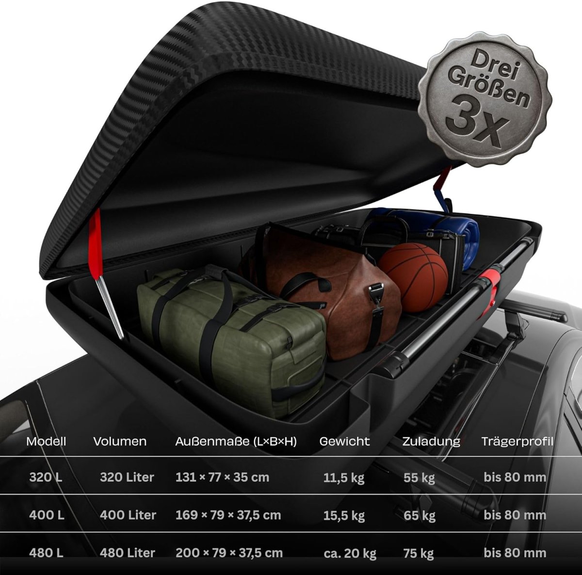 Dachbox Auto VDP-BA320 - Dachkoffer für Auto 320l - Autobox Dach im Carbonlook - Roof Box Autodach mit Zentralverriegelung - Aerodynamische Dachbox — Bild 5