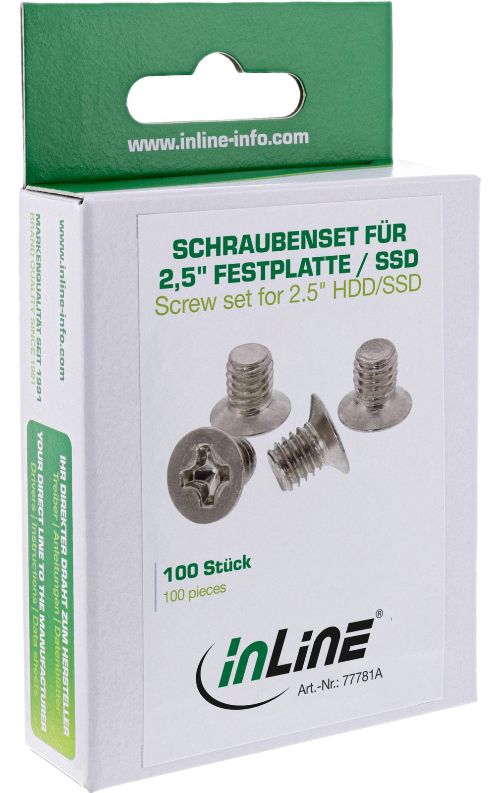 InLine Schraubenset - f. 2,5" HDD/SSD - 3mm - flacher Senkkopf - silber 100er Pack