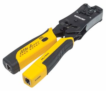 Intellinet Universal Crimpwerkzeug und Kabeltester, 2-in-1-Werkzeug zum Schneiden, Abisolieren, Crimpen und Testen von LumaTech