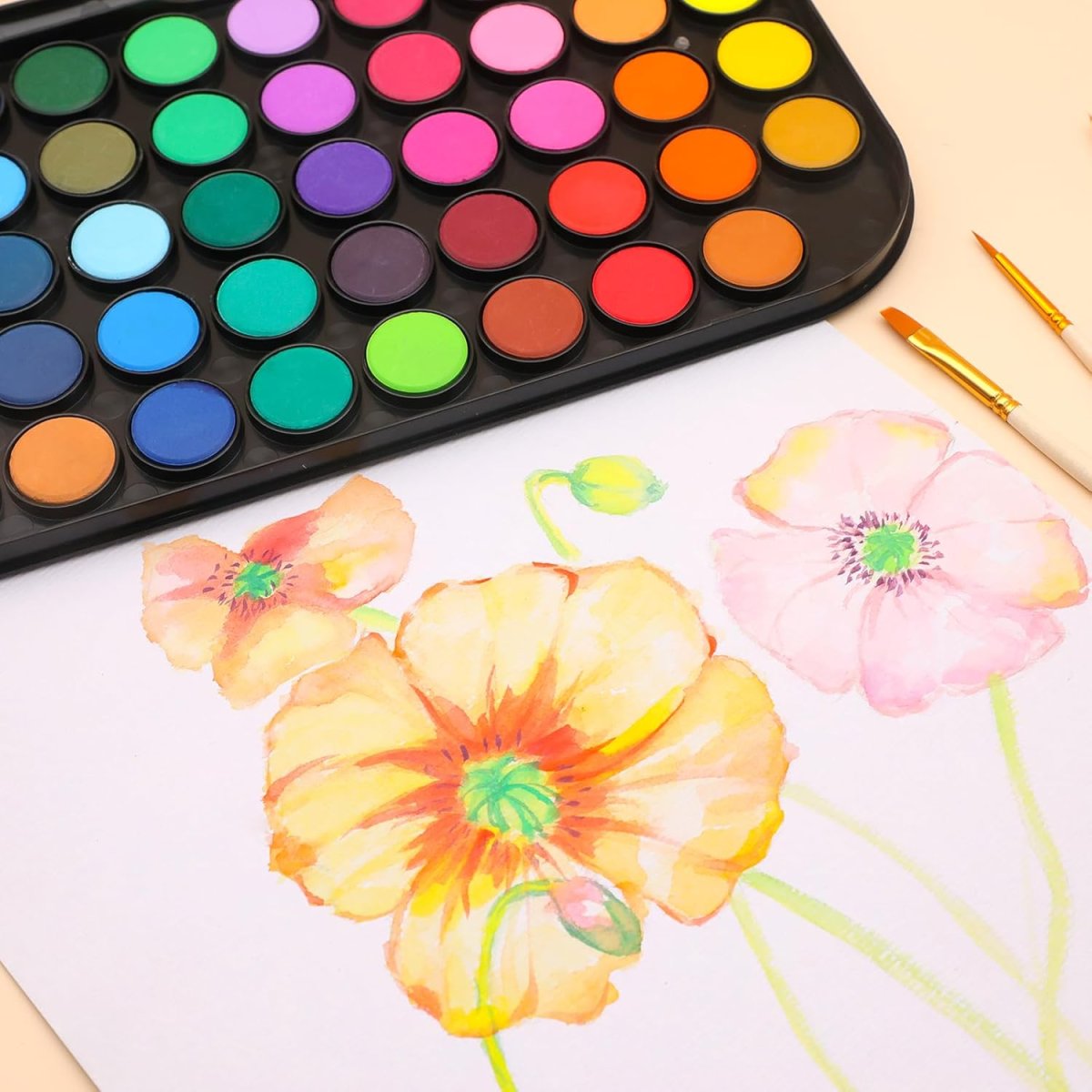 Artecho Aquarellfarben 48 Farben mit 3 Pinsel und 1 Palette, Tragbar und Einfach zu Bedienen, Ideal für Künstler, Hobbymaler, Schule, Kunstunterricht. — Bild 5
