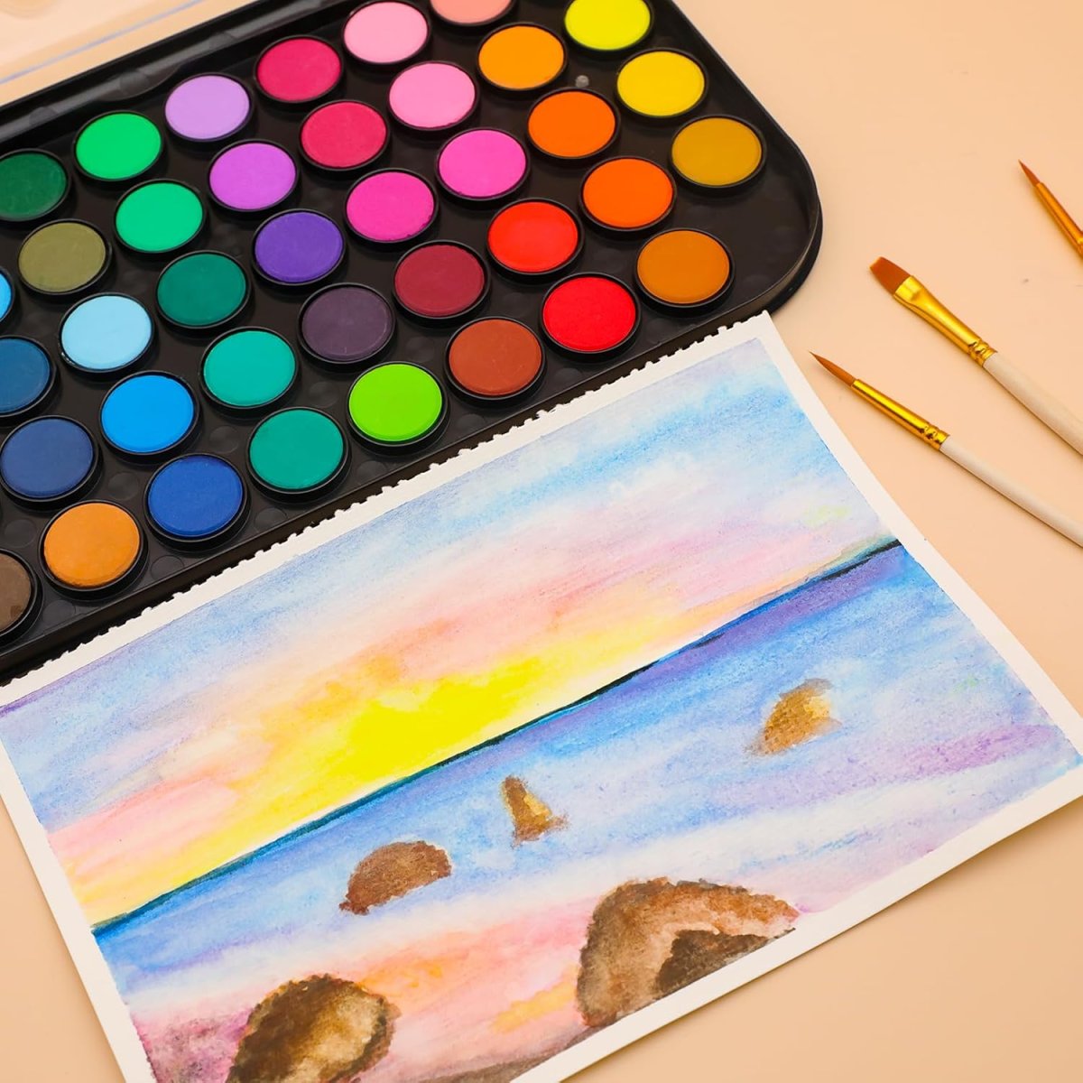 Artecho Aquarellfarben 48 Farben mit 3 Pinsel und 1 Palette, Tragbar und Einfach zu Bedienen, Ideal für Künstler, Hobbymaler, Schule, Kunstunterricht. — Bild 6