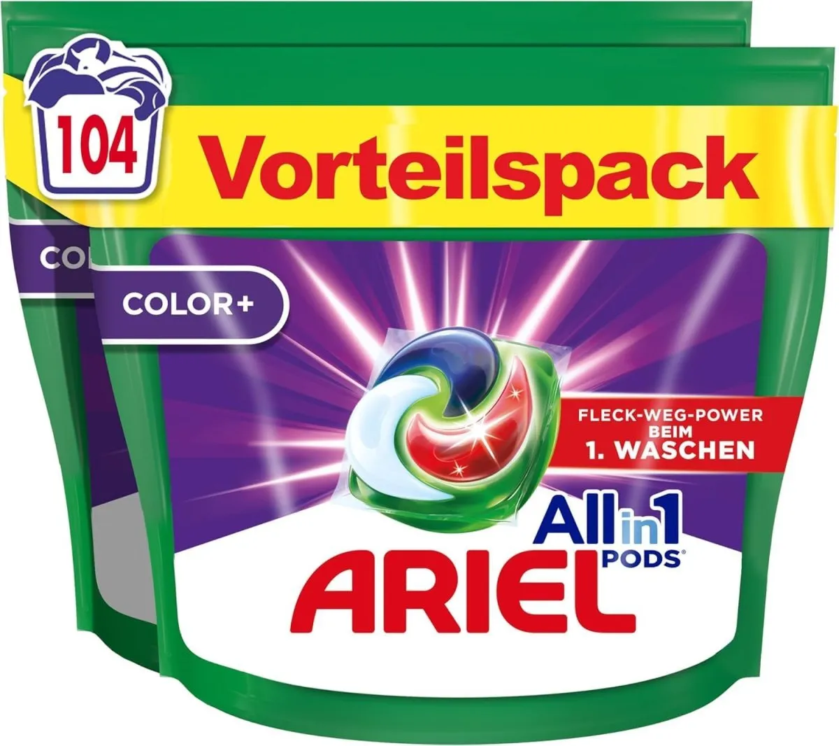Ariel Waschmittel Pods All-in-1, Color+ Flüssigwaschmittel, 104 (2x52) Waschladungen, Kraftvolle Fleckenentfernung In Nur 1 Waschgang