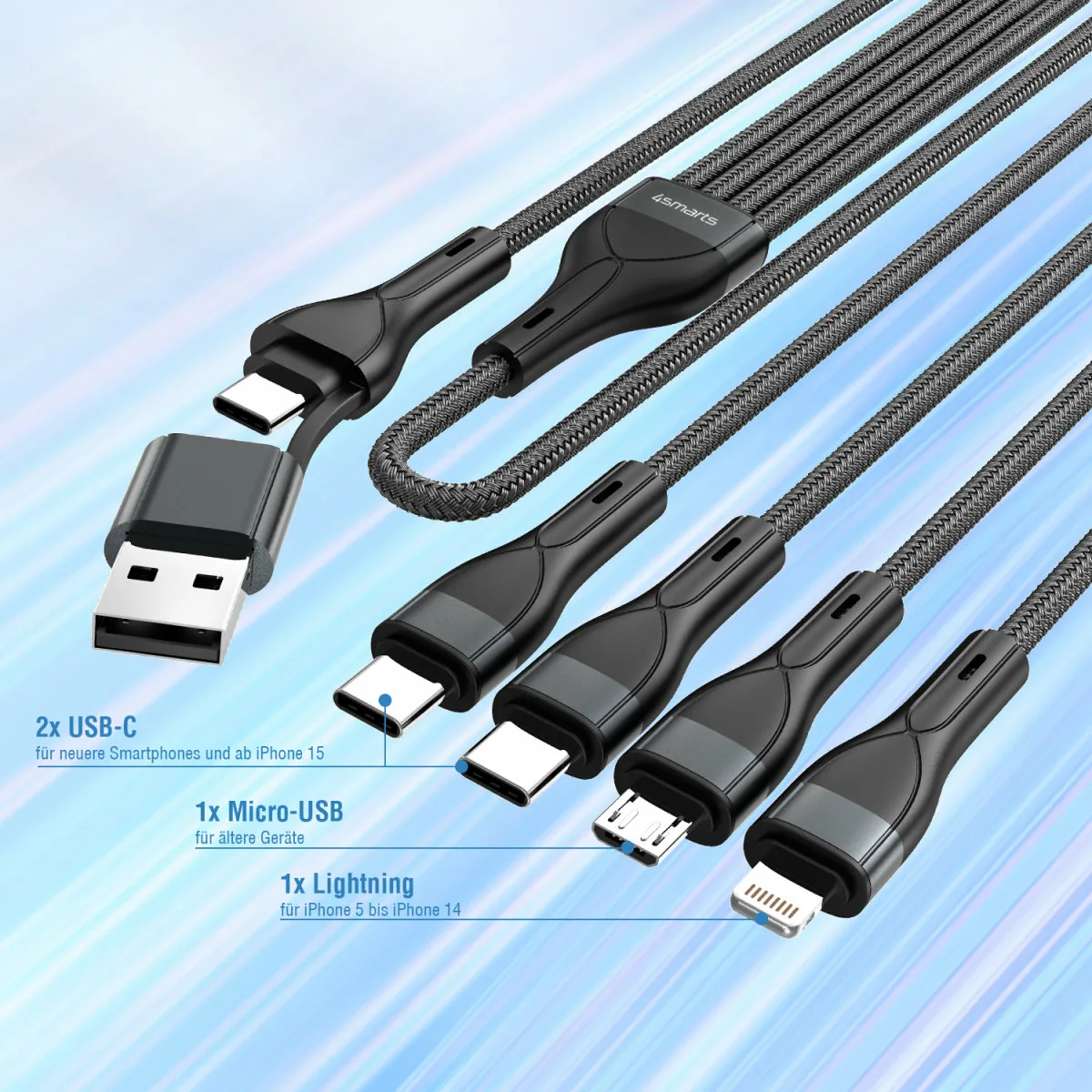 4smarts 541023 USB Kabel A/USB C C/Micro USB-A/Lightning Schwarz - Kabel - Digital/Daten, Ansicht 4