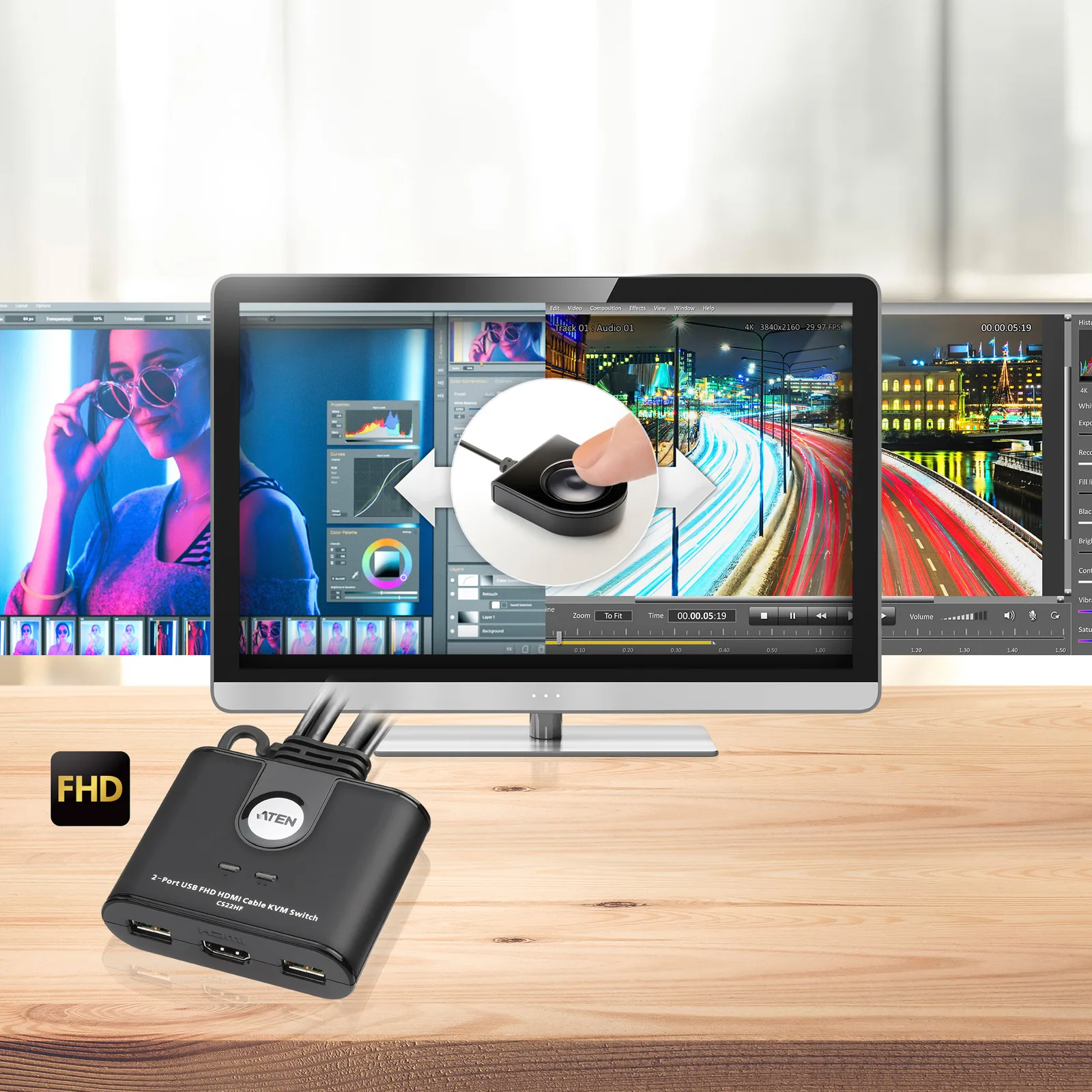 ATEN CS22HF - KVM-/USB-Switch - 2 x KVM / USB, Ansicht 3