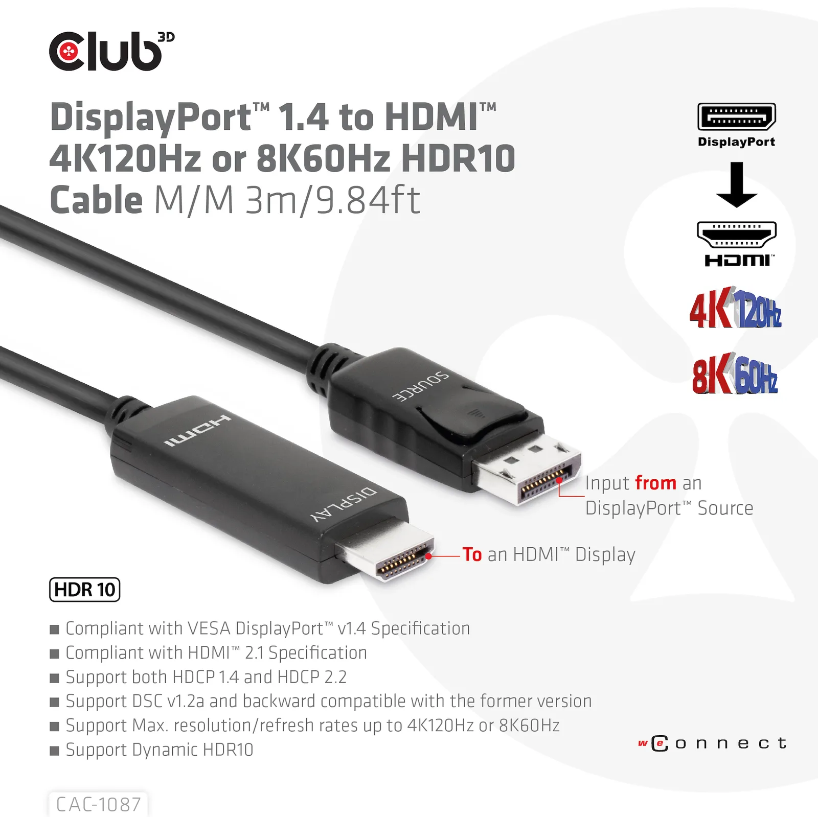 Club 3D Adapterkabel - DisplayPort männlich zu HDMI männlich - 3 m - Support von 4K 120 Hz - Support von 8K 60 Hz, Ansicht 3