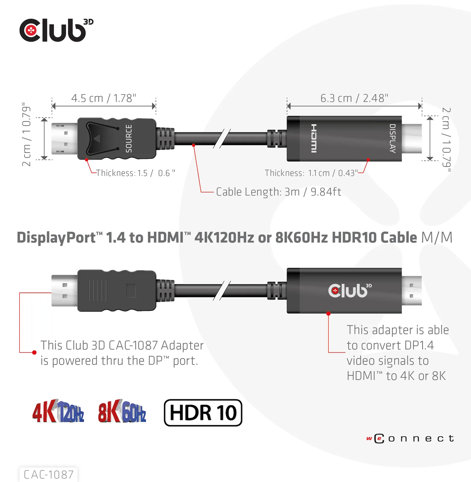Club 3D Adapterkabel - DisplayPort männlich zu HDMI männlich - 3 m - Support von 4K 120 Hz - Support von 8K 60 Hz, Ansicht 4