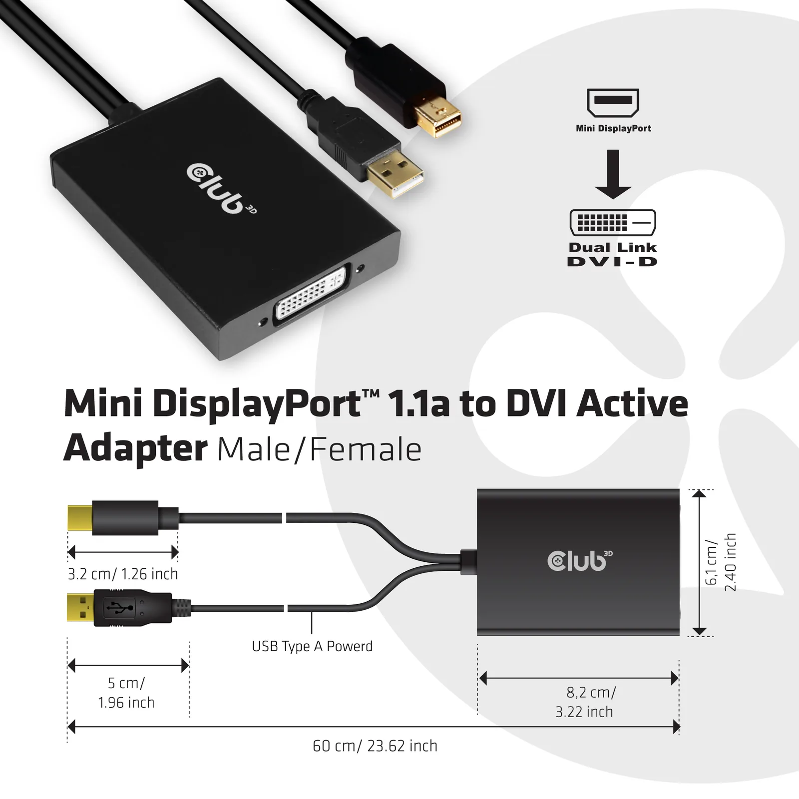 Club 3D DisplayPort/DVI-Adapter - Dual Link - USB (nur Strom) - Mini DisplayPort (M) zu DVI-D (W) - DisplayPort 1.2a, Ansicht 4