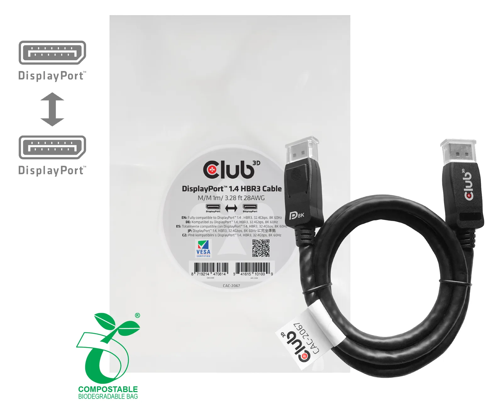 Club 3D DisplayPort-Kabel - DisplayPort (M) - bis DisplayPort (M) - DisplayPort 1.4 - 1 m - Schwarz, Ansicht 2
