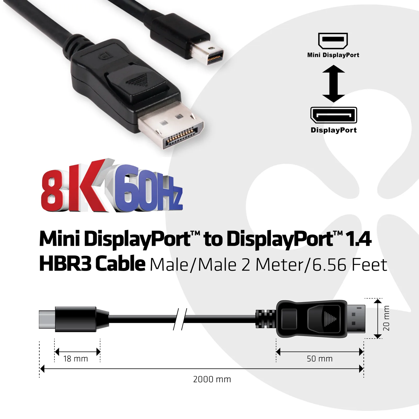 Club 3D DisplayPort-Kabel - DisplayPort (M) - bis Mini DisplayPort (M) - 2 m - eingerastet, Ansicht 3