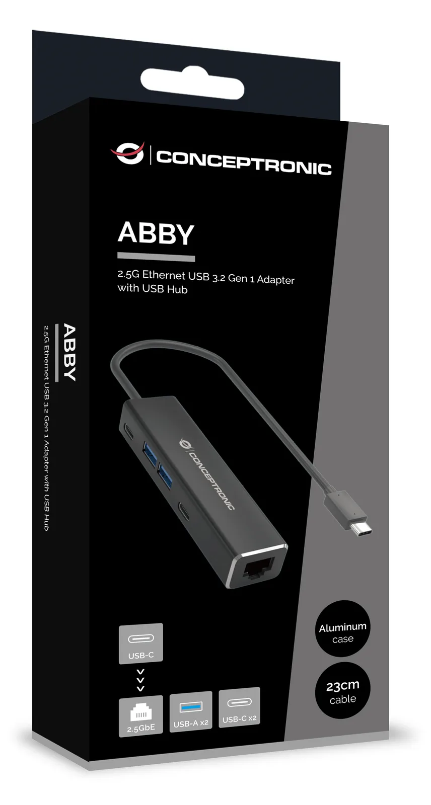 Conceptronic ABBY14B 2.5G Ethernet USB 3.2 Gen 1 Adapter mit USB-Hub - GbE - USB-A x 2 - USB-C x 2 - Kabelgebunden, Ansicht 2
