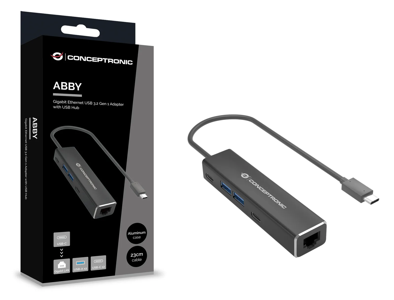 Conceptronic ABBY14B 2.5G Ethernet USB 3.2 Gen 1 Adapter mit USB-Hub - GbE - USB-A x 2 - USB-C x 2 - Kabelgebunden, Ansicht 3