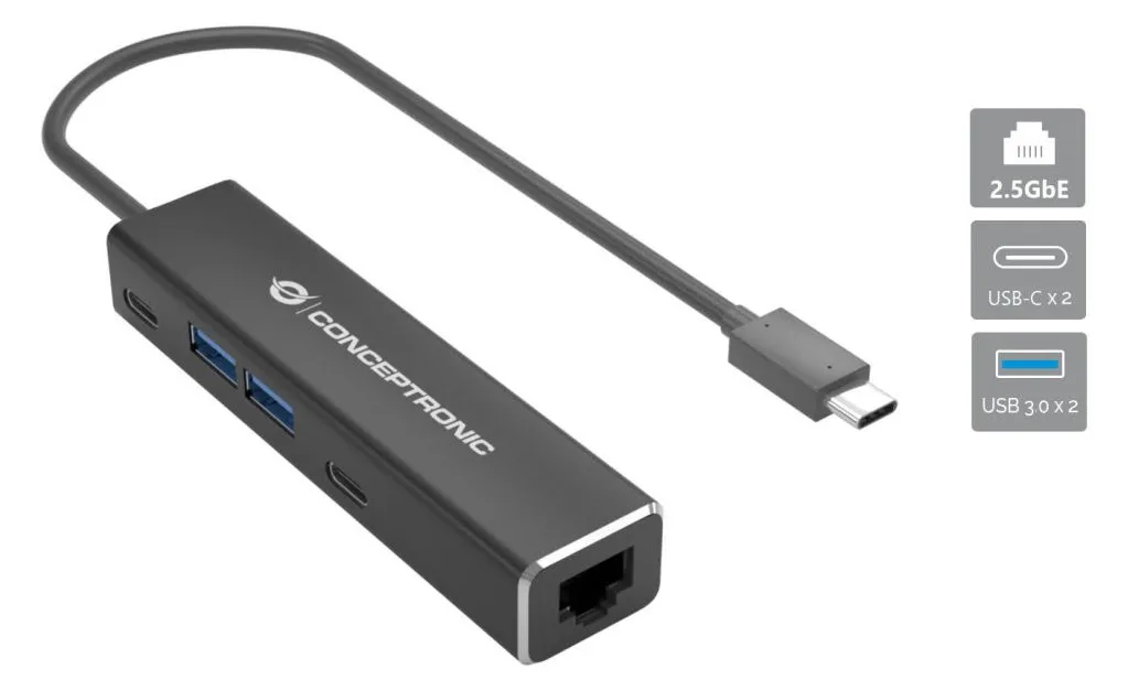 Conceptronic ABBY14B 2.5G Ethernet USB 3.2 Gen 1 Adapter mit USB-Hub - GbE - USB-A x 2 - USB-C x 2 - Kabelgebunden, Ansicht 4
