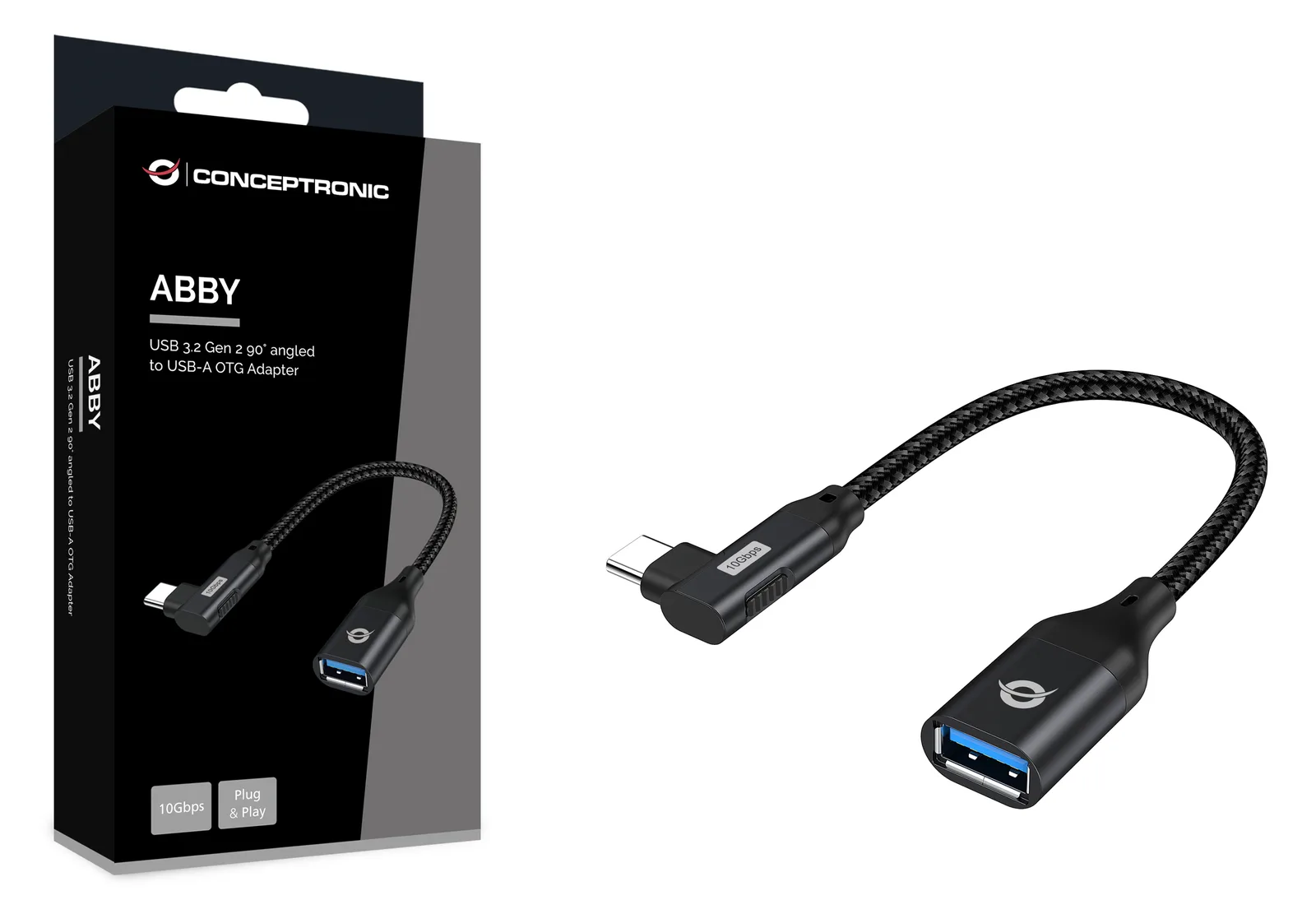 Conceptronic ABBY19B OTG-Adapter für USB 3.2 Gen 2 90° abgewinkeltes zu USB-A - USB-C - USB-A - Schwarz, Ansicht 2
