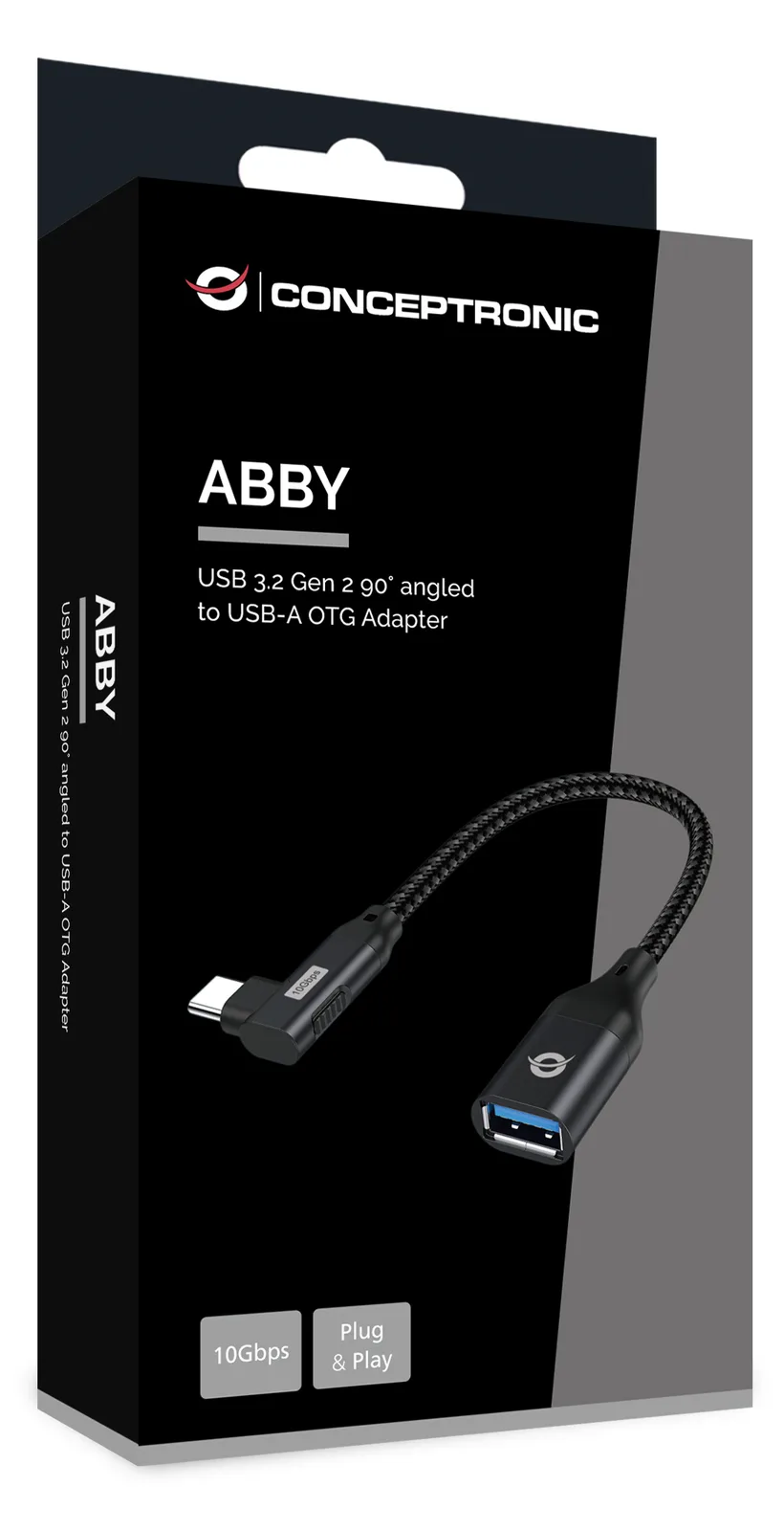 Conceptronic ABBY19B OTG-Adapter für USB 3.2 Gen 2 90° abgewinkeltes zu USB-A - USB-C - USB-A - Schwarz, Ansicht 3