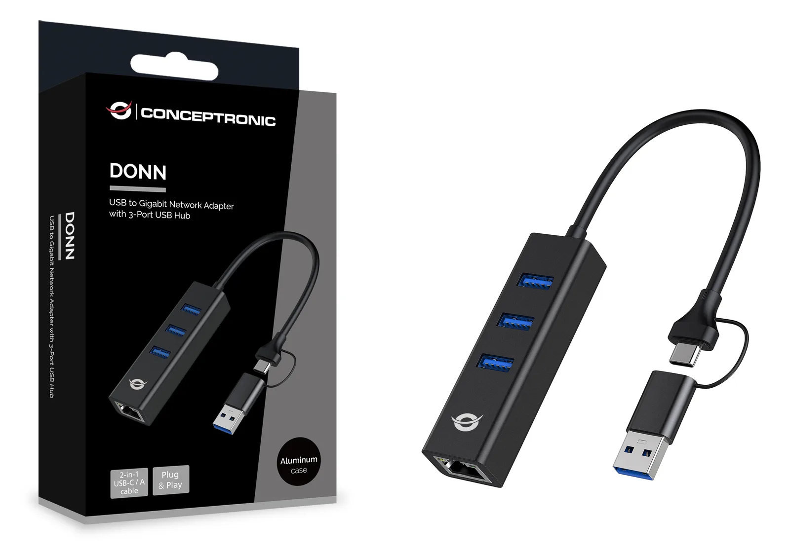 Conceptronic Adapter USB3.0-> RJ45.3xUSB3.0 TypC Ad sw - Adapter - Netzwerk, Ansicht 2