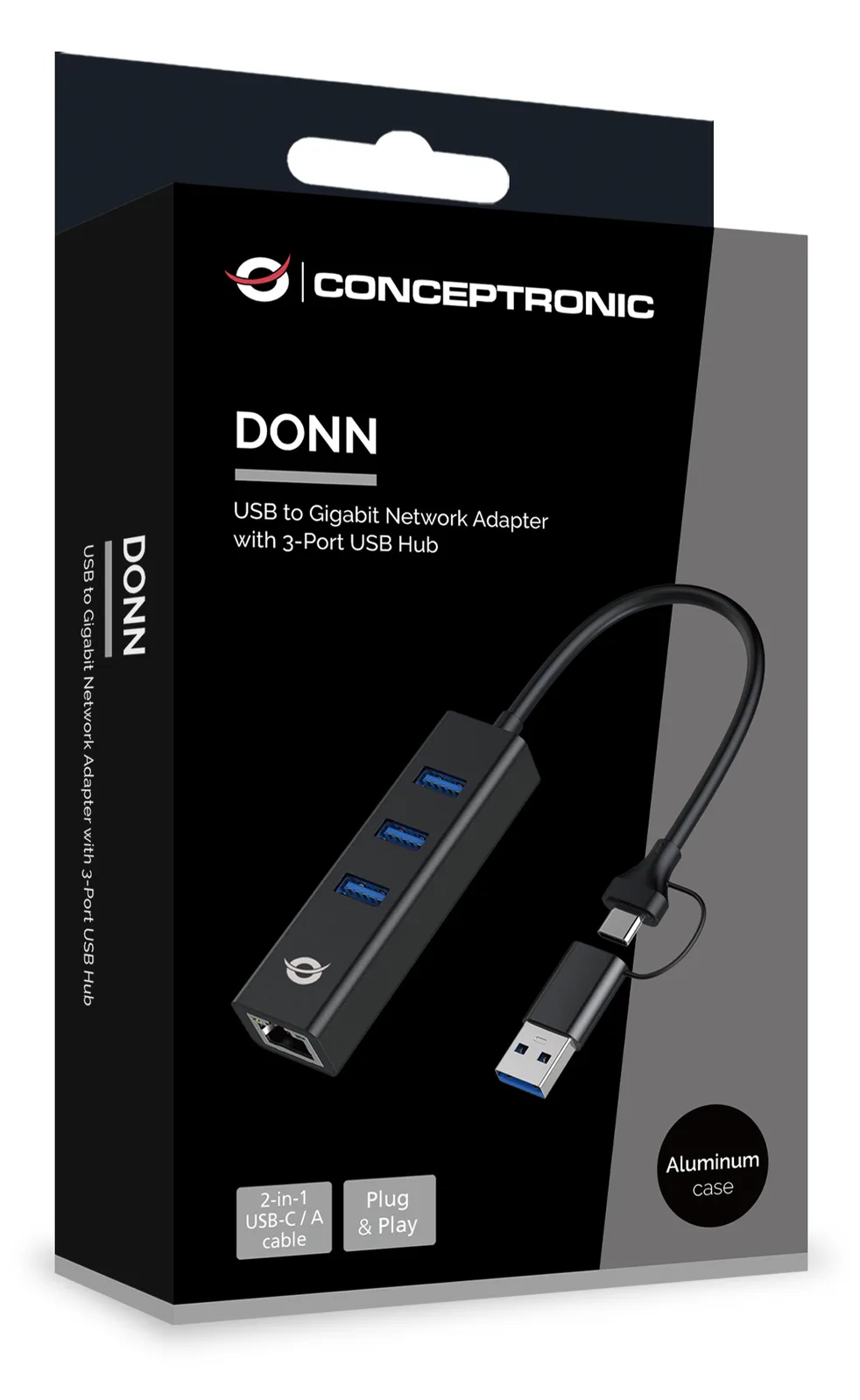 Conceptronic Adapter USB3.0-> RJ45.3xUSB3.0 TypC Ad sw - Adapter - Netzwerk, Ansicht 3