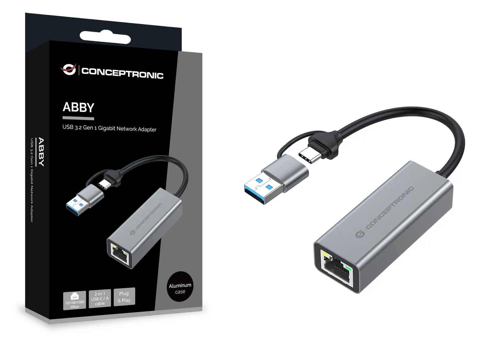 Conceptronic Adapter USB3.2 Gen 1 -> RJ45 10/10001000 - Adapter - Netzwerk, Ansicht 3