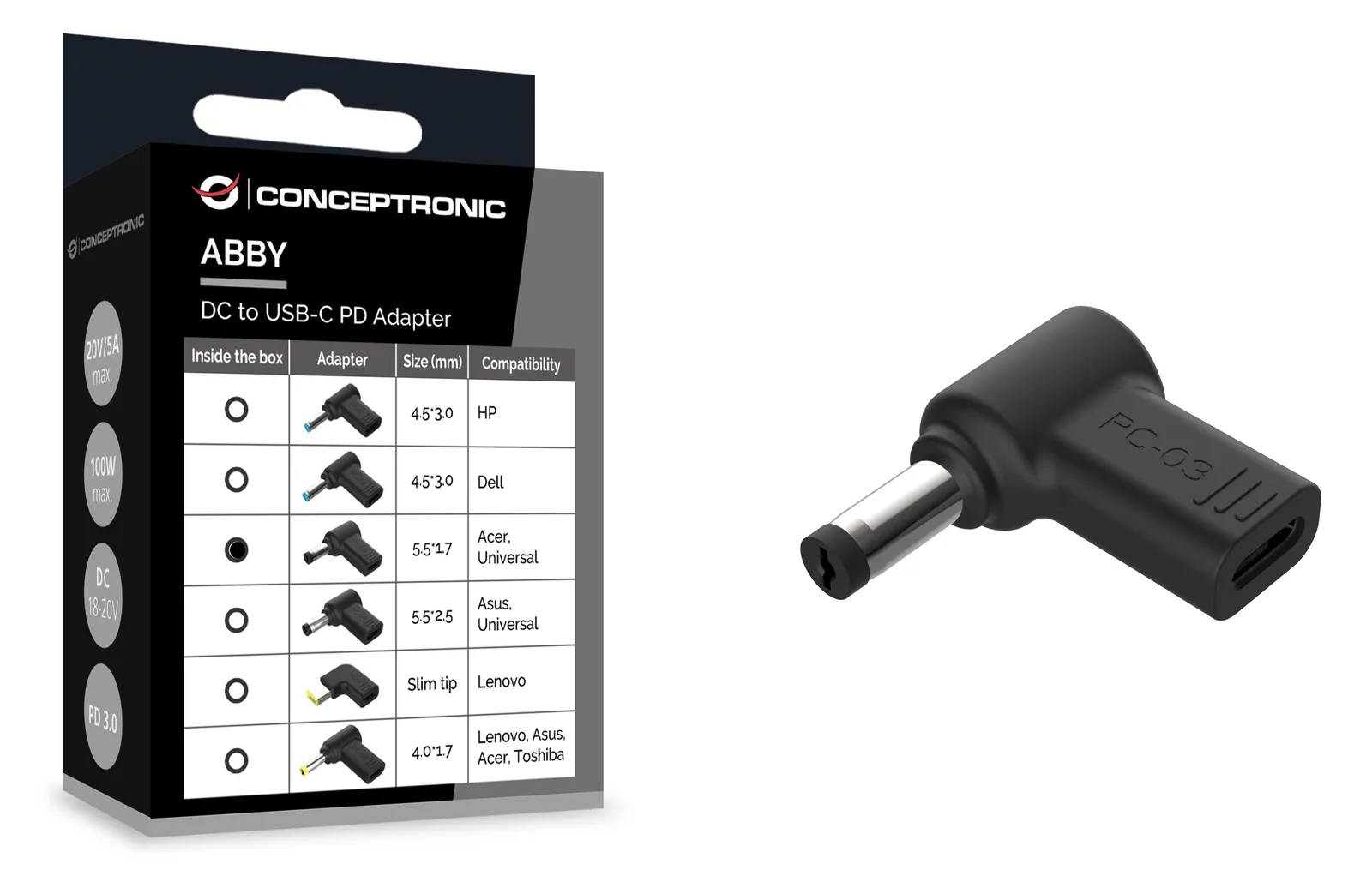 Conceptronic Adapter USB-C -> DC Acer 5.5x1.7mm 18-20V sw - Adapter, Ansicht 2