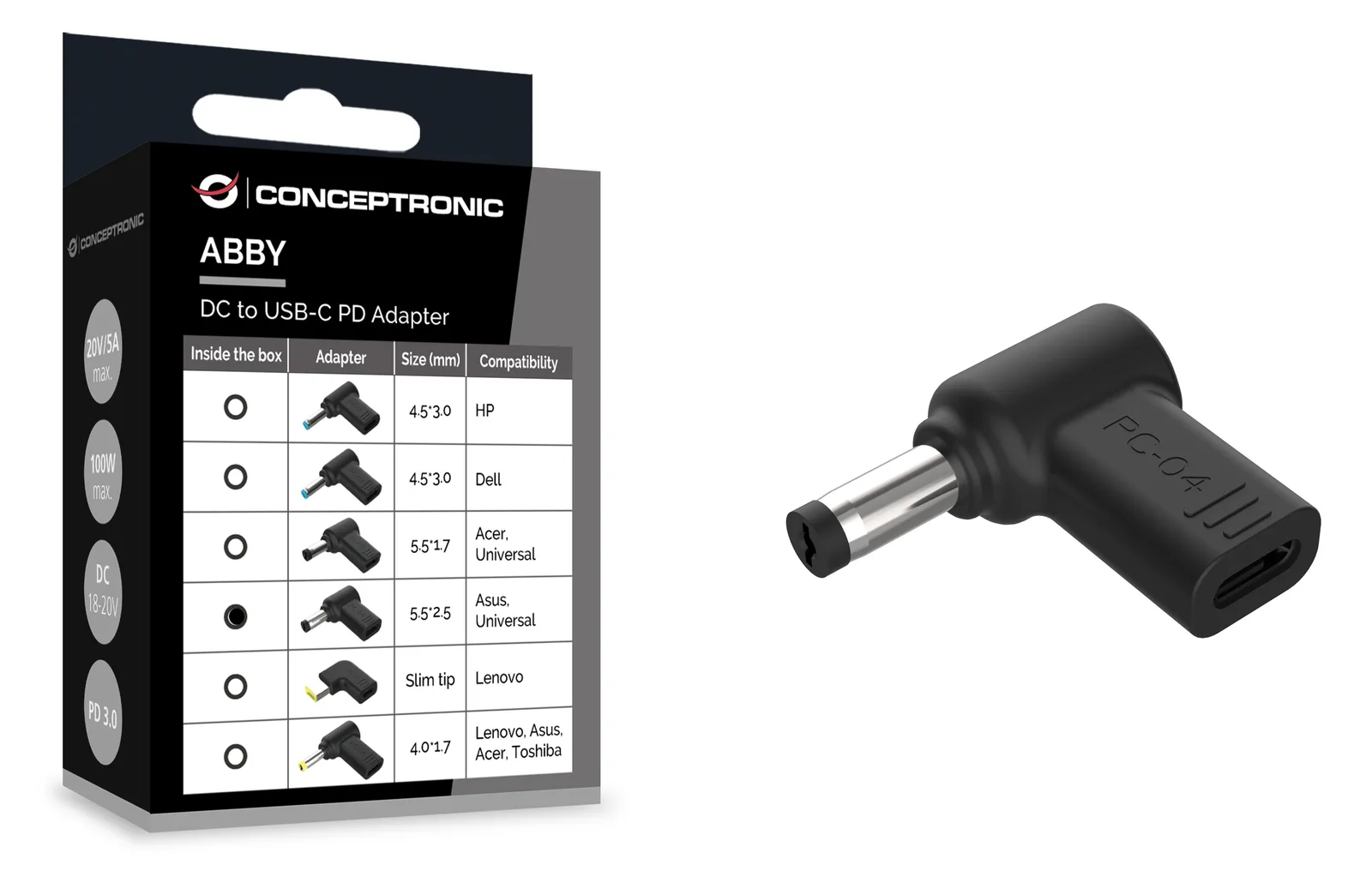 Conceptronic Adapter USB-C -> DC Asus 5.5x2.5mm 18-20V sw - Adapter, Ansicht 2