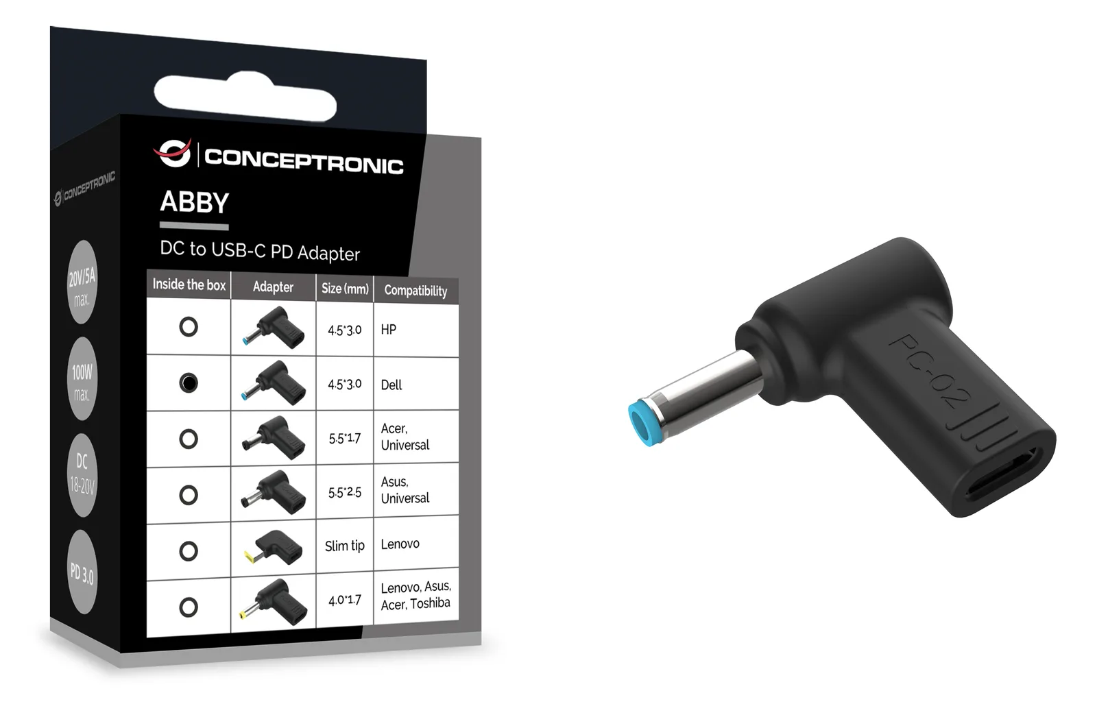 Conceptronic Adapter USB-C -> DC Dell 4.5x3.0mm 18-20V sw - Adapter, Ansicht 2