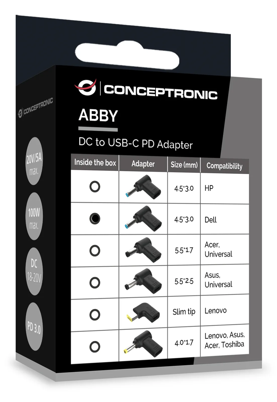 Conceptronic Adapter USB-C -> DC Dell 4.5x3.0mm 18-20V sw - Adapter, Ansicht 3
