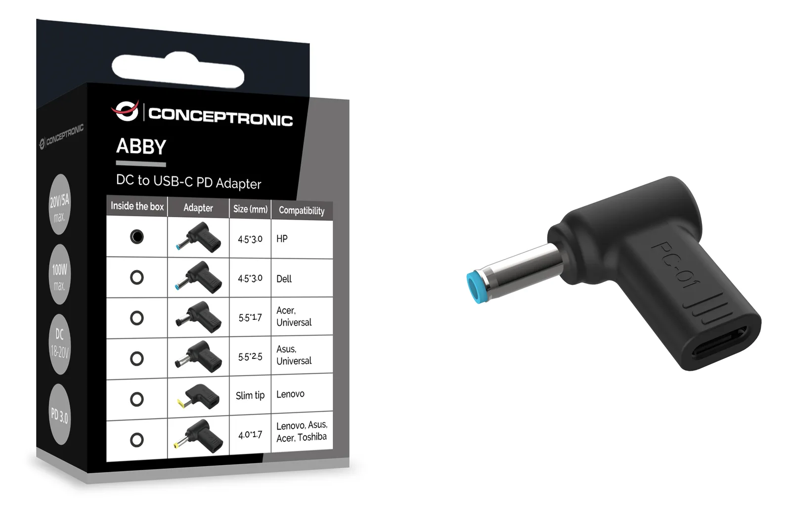 Conceptronic Adapter USB-C -> DC HP 4.5x3.0mm 18-20V sw - Adapter, Ansicht 2