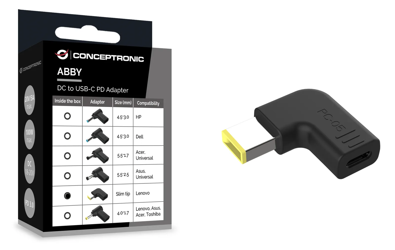Conceptronic Adapter USB-C -> DC Lenovo Slim Tip 18-20V sw - Adapter, Ansicht 2