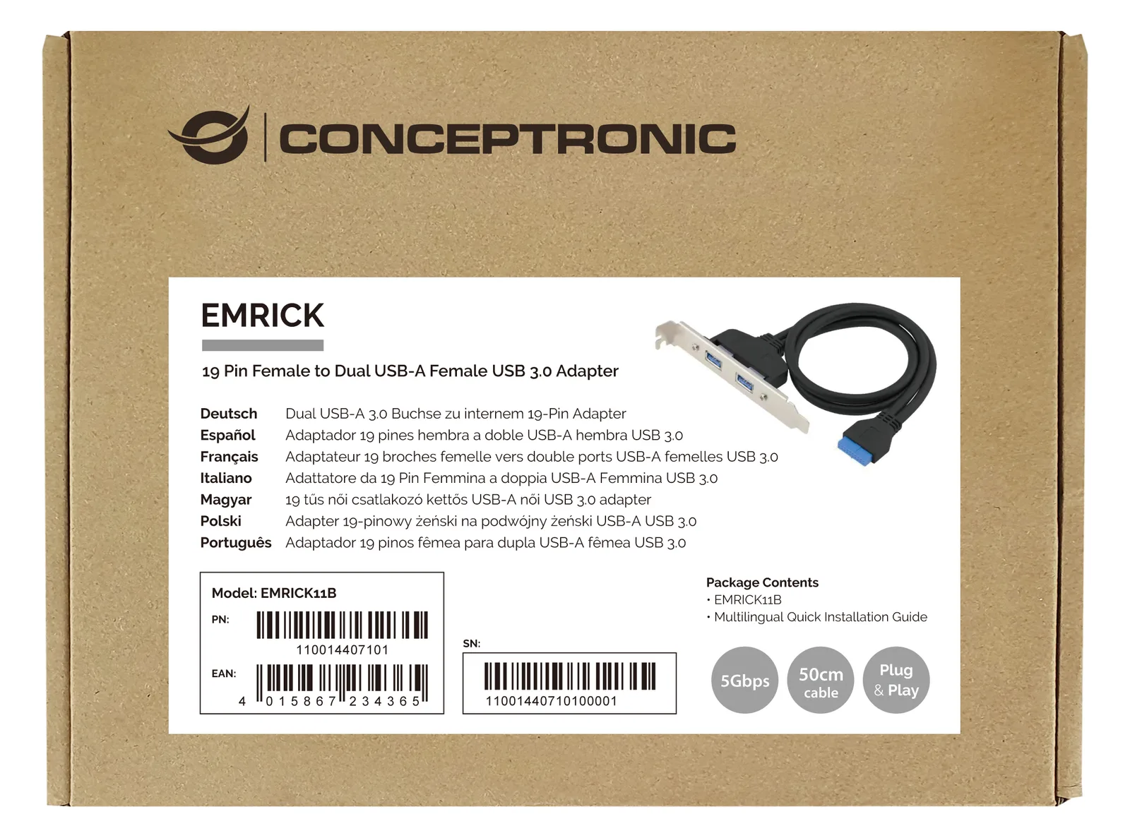 Conceptronic EMRICK11B 19-Pin-Weiblich zu Dual-USB-A-Weiblich USB 3.0 Adapter - USB 3.2 Gen 1 5Gbit/s - USB 3.0 internal, Ansicht 2